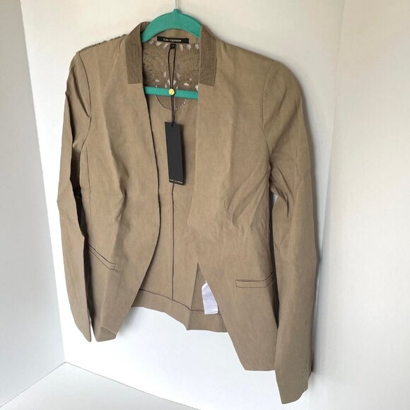 Kobi Halperin Embroidered Linen Blazer Womens XS Tan Open Front Lace Jacket - Picture 4 of 11